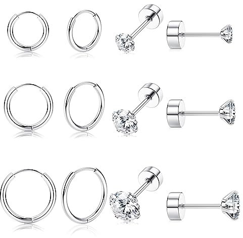 JeweBella 6 Paar Kleine Ohrringe Set für Damen G23 Titan Zirkonia Ohrstecker Mini Huggie Creolen Set Piercing Ohr Helix Tragus