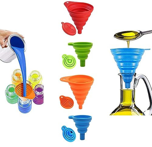 Zusammenklappbares Silikontrichter-Set, Silikontrichter 4 Stück, zusammenklappbarer Trichter für Küche und Haushalt Wasserflaschen, Öle, Flüssigkeiten und Pulver, 4 Größen und 4 Farben