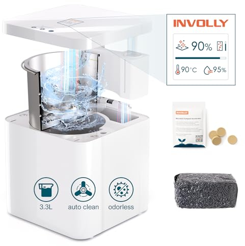Involly World's First Electric Composter Kitchen with Auto Clean, 90% Reduction Fast 3-6H One-Touch Turn Food Waste to Compost Food Compost Bin, Odorless Compost Year-round with UV Lamp, LED Screen
