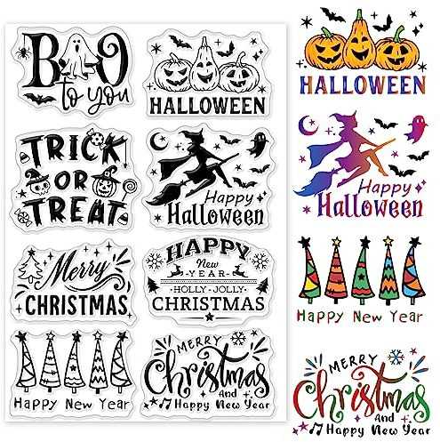 INFUNLY Transparente Wortstempel „Merry Christmas“ Für Die Kartengestaltung Halloween-Silikonstempel Für Journaling „Frohes Neues Jahr“ Gummistempel Wörter Transparente Stempel Für DIY-Scrapbooking