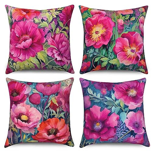 ASDCXZ Kissenbezug Retro Blumen 40x40 cm 4er Set, Geölt Rosenrot Blume Sofa Kissen Dekokissen Kissenbezüge Kissenhülle Waschbar Polyester Flachs Textil Outdoor Polster Kopfkissenbezug Kissen Bezug