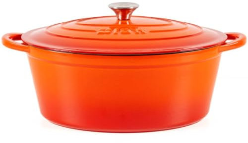 Lätt Home Cocotte Hierro Fundido Esmaltado Naranja. Olla Ovalada 33x11 CM - 6 L. Elegante, Resistente, Especial para Inducción y Apta para todos tipo de Cocina