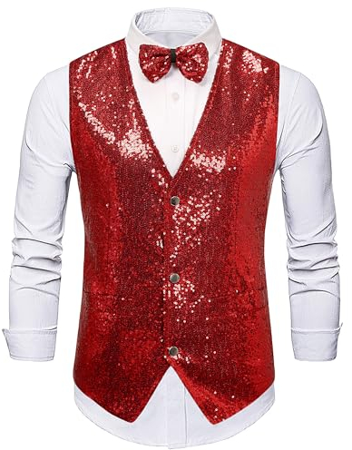 Panegy Herren Ärmellos Jacke mit Pailletten Weste mit Fliege Set Festival Karneval Disco Shiny Vest Herstellergröße XXL/DE Größe XXL-B-Rot
