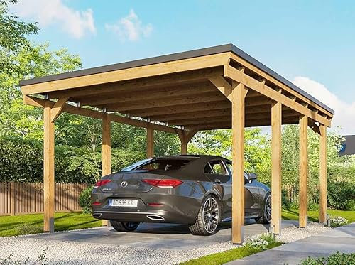 Direct ABRIS Carport Bois CASTELLANE - 373 x 555-1 Voiture - Abri Voiture - Traité Autoclave - Montage Facile - Feutre Bitumeux Inclus - Support d'ancrage en H Inclus - Imputrescible