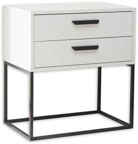 SUNA Nachttisch in Weiß, Nachtschrank mit Schubladen & Metallgestell | 60 x 65 x 38,5 cm (B/H/T), schwarzes Gestell, Stauraum für das Schlafzimmer, minimalistisches Design