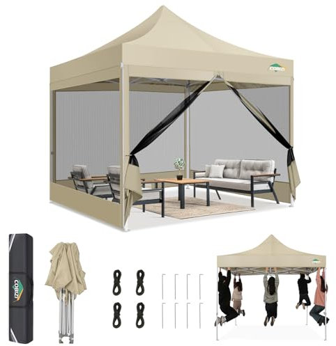 COBIZI Carpa Plegable 3x3 con Mosquitera Pared Lateral,Impermeable Carpa Plegable,Carpas para Exteriores Pergola,Cenadores para Jardin Camping Playa con Bolsa de Transporte(3 por 3m Caqui)