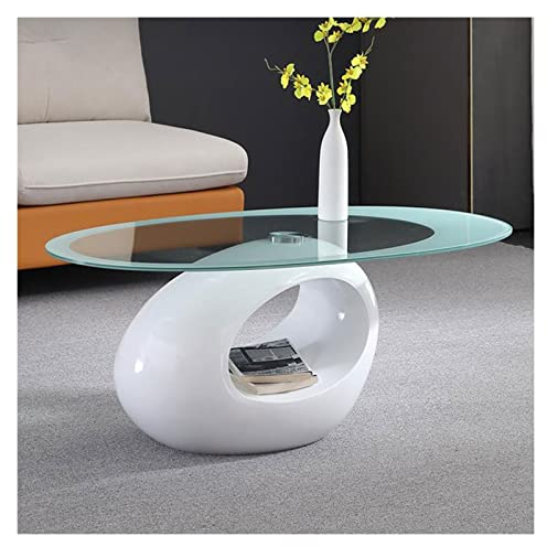 Moderne Sofatische Ovaler Couchtisch, Wohnzimmertisch mit Ablagefach, 33 Zoll moderner Couchtisch aus gehärtetem Glas, Sofa-Mitteltisch, einfache Montage Wohnzimmer Beistelltisch (Color : White)