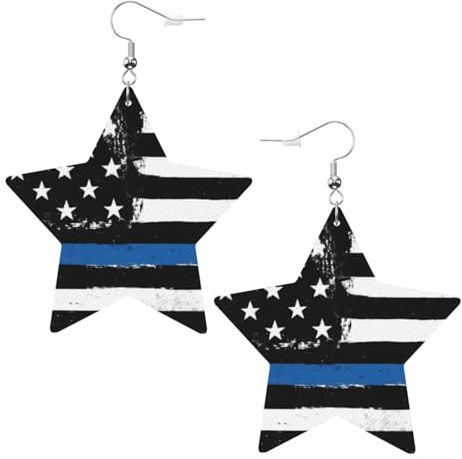 OPSREY Retro-Ohrringe, blaue dünne Linie, USA-Flagge, bedruckt, modische Leder-Ohrringe, drapierte Haken-Ohrringe, sternförmige Ohrringe, Einheitsgröße, Kunstleder
