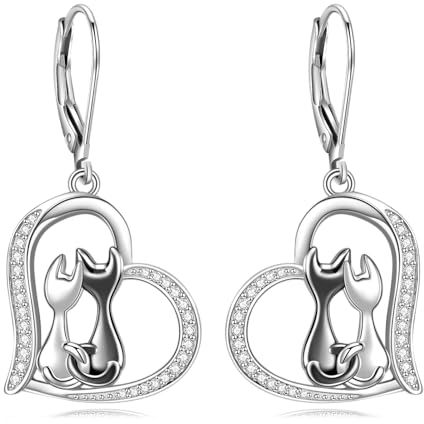 VONALA Katzen Ohrringe Klapphebel 925 Sterling Silber Schwarz Weiß Katze Baumeln Ohrringe Tier Herz Wie Paar Schmuck Geschenke für Frauen Mädchen