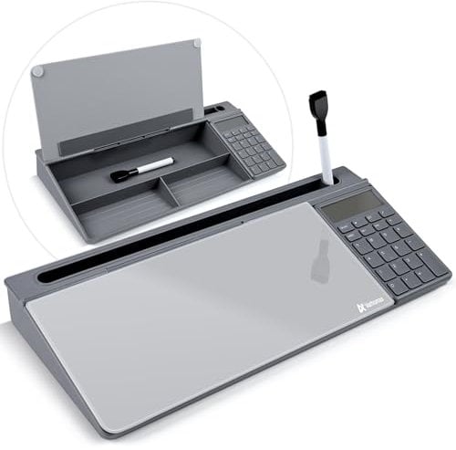 Varhomax Tableau blanc de bureau en verre gris avec calculatrice, organiseur de bureau effaçable à sec avec rangement, liste de choses à faire, bloc-notes pour la maison, le bureau et l'école