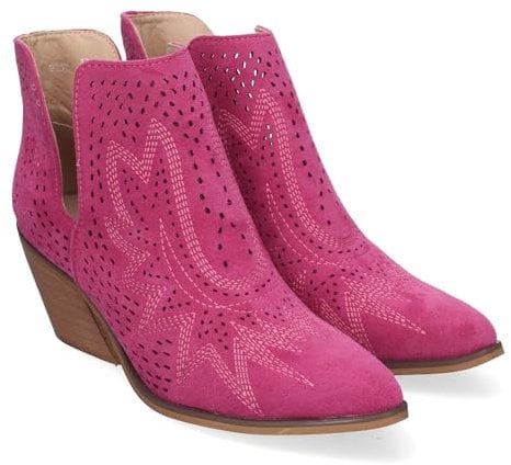 83888 Botines de Tacon Campero para Mujer Primavera Verano Elegantes y Comodos, Diseno Perforado con Estampado en la Pala, Cualquier ocasion. Fucsia Talla 38