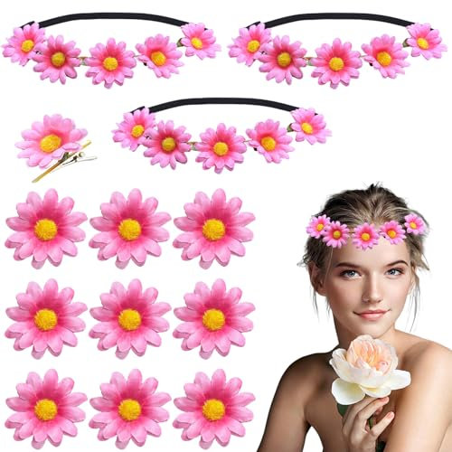 Oenothera 13 Pezzi Fascia Per Ghirlande Floreali, Corona Di Fiori Per Capelli, Girasole Fiori Corona Fascia Capelli, per Matrimoni Festival Vacanza Festa,Foto(Rosa)