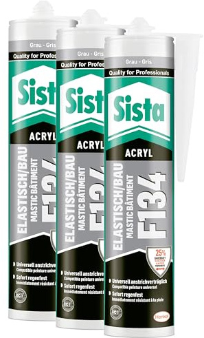 Sista F134 Elastisch/Bau, elastischer Acrylat-Dichtstoff für stark dehnungsbeanspruchte Anschlussfugen im Hochbau und an Wärmedämm-Verbundsystemen, grau, 3x 300ml