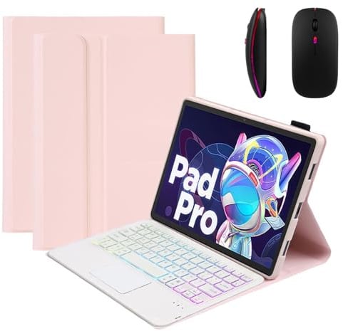 GUPENAA Tastatur Hülle für Lenovo Tab P12 Pro 12.7 TB371FC (2023) mit Touchpad, 7-Farbige Beleuchtung, Magnetische Abnehmbare Kabellose Bluetooth-Tastatur mit Maus,Rosa