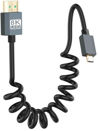 CERRXIAN Câble micro HDMI vers HDMI 8K, câble spiralé Ultra HD haute vitesse HDMI vers micro HDMI 2.1, prend en charge 8K 4K 3D et HDR dynamique jusqu'à 48 Gbit/s