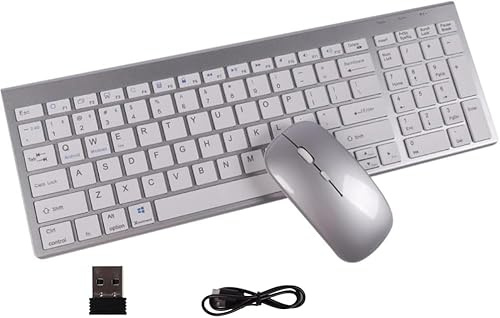 Kautfair Wireless Keyboard and Mouse, 2.4G Bluetooth Rechargeable Slim Silent Compact Set Full Size Keyboard and Mouse with Digital Keypad & 3 DPI Adjustable, for Windows, Mac, PC, Laptop(Silver)