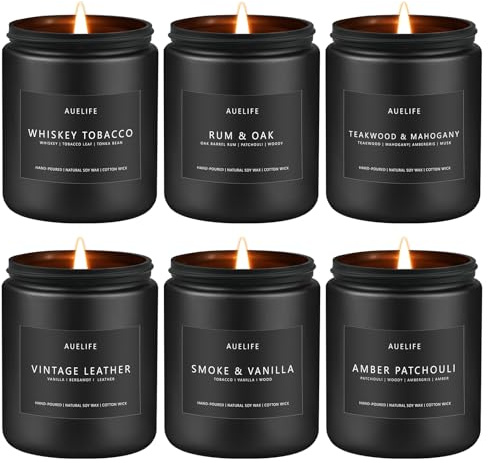 Duftkerzen-Set | Geschenke für Männer – 6er-Pack Kerzenset – Maskuline Kerze, Sojakerzen für Zuhause, Aromatherapie-Geschenk – Duft von Rauch, Vanille, Leder, Mahagoni, Tabak, Eiche, Bernstein
