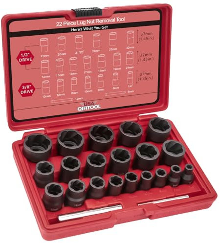 22PCS Bolt Extractor Set, 1/2 and 3/8 Drive Easy Out Stripped Locking Lug Nut Removal Tool, Ez Out Wheel Lock Remover Kit for Extracting Damaged, Broken, Rusted Nuts & Screws(Red)