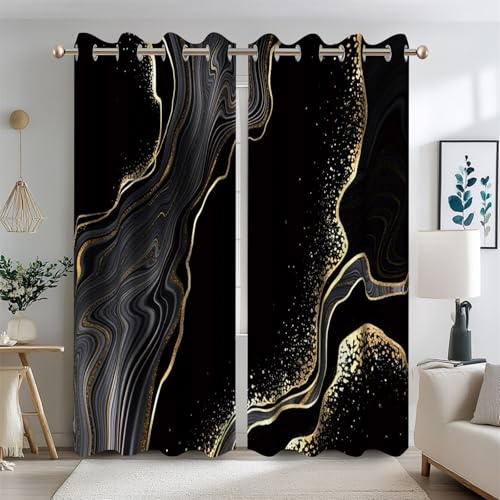 Ttincceer 117x183cm Schwarzer Marmor Blackout Vorhänge für Schlafzimmer Abstrakt Grau Gold Textur Marmor Zimmer Verdunkelung Vorhänge Moderne Kunst Luxus Fenster Vorhang Wärmeisoliert 2 Panels
