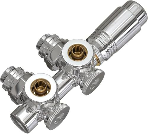 S'AFIELINA Ventil-Armaturen Set Multiblock Ventilhahnblock mit Thermostat für Heizkörper Handtuchheizkörper Anschlussarmatur Universal 50mm für Eck- und Durchgangsform, Chrom (15mm+16mm, 1Stück)