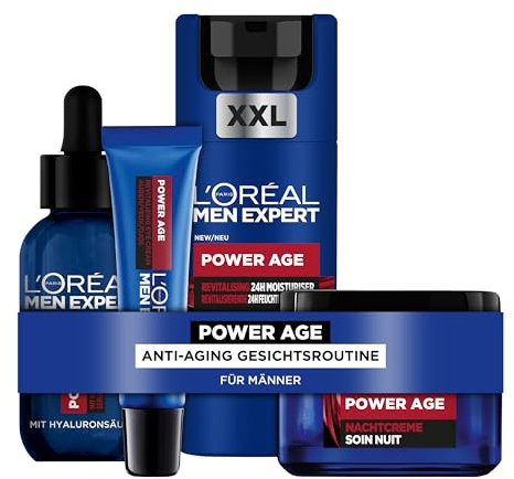 L'Oréal Men Expert Anti Aging Pflegeset gegen Falten für Männer, Mit XXL Gesichtscreme, Gesichtsserum, Augencreme und Nachtcreme, Geschenke für Herren mit Hyaluronsäure, Power Age, 4-teilig
