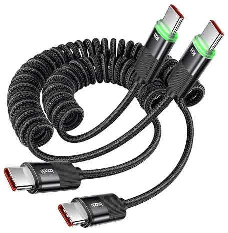 toocki Cable USB C en Espiral 100 W 1,8 M+ 1,8 M USB C to USBC Carga Rápida con LED para Android Auto, Carplay, iPhone 16/15 Pro, Galaxy S24 Ultra S23 S22 S21, Google Pixel, Xiaomi