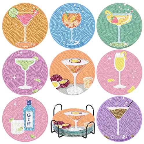 8Pcs Diamond Painting Coasters with Holder,DIY Cocktail Life Coaster Diamond Art Kits for Adults Kids,Beginners Round Full Drill Diamonds Art Craft Supplies