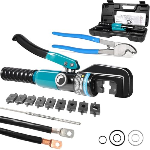 Brileine Outil de sertissage hydraulique de 10 tonnes et kit de sertissage de câble de batterie avec 9 matrices et coupe-câble, pour fils de 12 AWG à 2/0 AWG, câble en acier inoxydable de 0,6 cm, 0,3