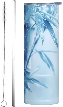 PHAYAH Blue Bamboo Kaffeebecher aus Edelstahl, 590ml, dünn, isoliert, mit Deckel, Strohhalm, Strohhalmbürste