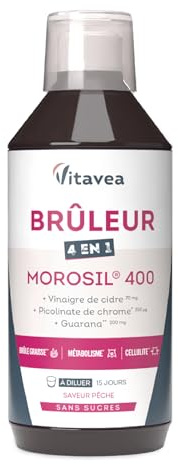 Vitavea Santé - Brûleur 4 en 1 - Morosil 400 - Guarana Chrome - 500 ml | Morosil 400 - Guarana - Chrome - Vinaigre de Cidre - Formule 4 Actifs - Goût Pêche - Fabriqué en France