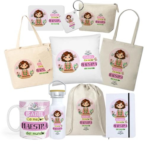 Kembilove® Pack regalo personalizado para profesora | Taza y bolsa profesoras con nombre | Regalos fin de curso maestras | Detalle original personalizado para profesora infantil o primaria