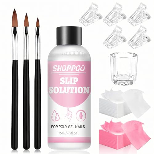 SHOPPGO Slip Solution for Polygel Nails, Polygel Slip Solution, Poly Gel Nail Kit Contains 75ml slip solution, 5 Nail Tip Clips, 3 Brushes, 1 Crystal Cup, 100 Cleaning Papers