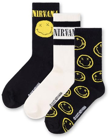 Nirvana Mens Black, White & Yellow Calf Socks Set of 3 | Classic Logo 3 Pack with Smiley Face Design | Everyday Wear Socks | Music Band Merchandise Merch