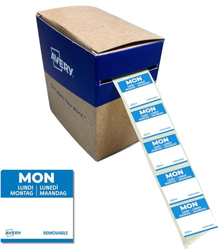 AVERY Zweckform ablösbare Lebensmittel-Tagesetiketten Montag (blau 25 x 25 mm 1000 Aufkleber auf Rolle 5-sprachig HACCP-konform) DLSMONREV-1000