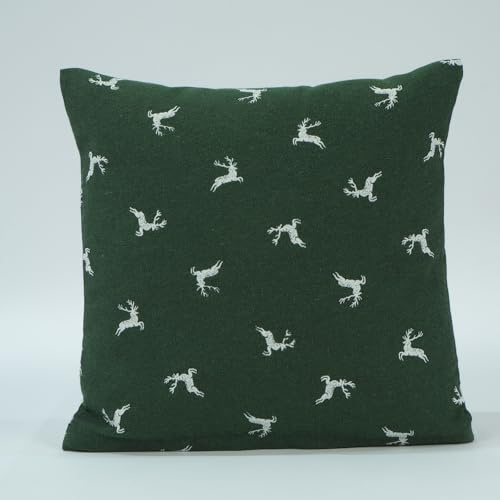 Jacquard Hirsch Kissenbezug Landhaus Hirschmotiv - Kissenhülle, Alm, Hütte, Pension, Kopfkissen, Dekokissen, Sofakissen, Couchkissen, Weihnachten, Winter, Jäger, Geschenk (Creme auf Grün, 40 x 40 cm)