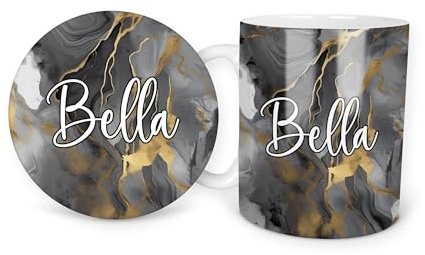 Smoke Grey Black Gold Marble Luxury Custom Name Personalised Personalized Ceramic Coffee Mug 11oz Durham Tea Mug Gift Set Round Square Coaster Cup Handle Dishwasher Safe Custom Printed Design