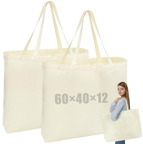 2 stycken bomullsväskor, 60 × 40 × 12 cm superstor shoppingväska med tjockt handband, tjock mångsidig tygpåse, återanvändbar otryckt bomullspåse för shopping, resor, sport, vardag
