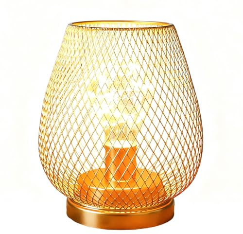 OOWDMPE Gold Vintage E27 Tischlampe Metall Käfig Lampenschirm Retro Tischleuchte AA Batteriebetrieben Kleine Lampe Minimalistische Nachtlicht für Wohnzimmer Schlafzimmer(mit Leuchtmittel)