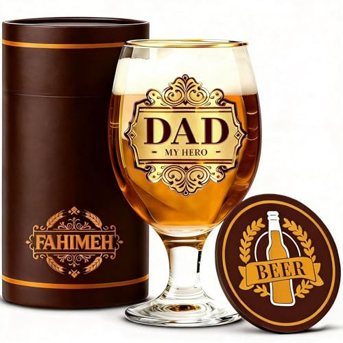 FAHIMEH Dad Gifts, from Daughter or Son Ideas Beer Glasses Present, 400ml | Best Dad Gift from Daughter or Son Personalised Ideas Beer Glasses Gift Set for Men, Includes Coaster, 400ml