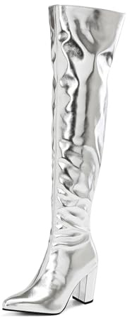 TNMIUH Stivali sopra Il Ginocchio Donna Metallizzati Oro e Argento, Cuissardes Sexy con Tacco Largo e Punta, Stivali Alti da Festa Sfilata di Moda Disco Clubbing,Argento,36 EU