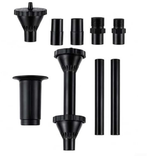 9 Piece Fountain Nozzle Kit With Three Spray Patterns For Garden Ponds And Outdoor Water Features Black Plastic Adjustable Sprayer Set With Extension Tubes And Adapters For Aquariums