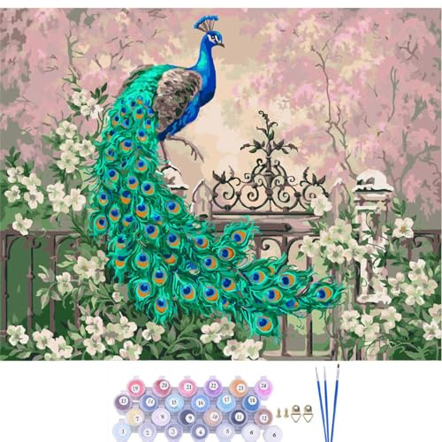 CaptainCrafts New DIY Paint by Numbers 16x20 for Adults Beginner kit, LINEN Canvas - Amazing Peacock Yutai Linghua (With Frame)