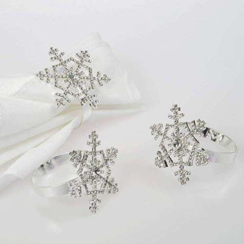 Poitemsis Silberfarbene Schneeflocken-Serviettenringe mit Diamanten für Weihnachten, als Tischdekoration (6er-Set) Silberne Schneeflocke