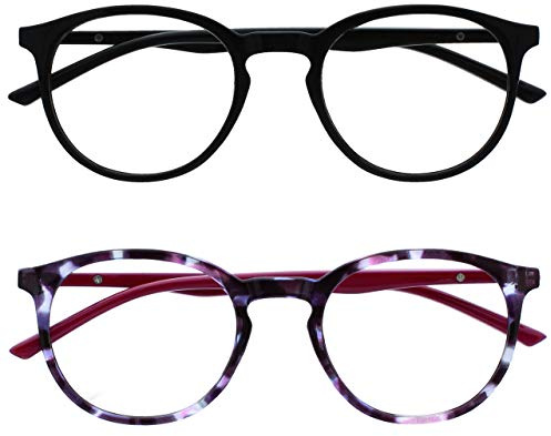 OPULIZE MET Blue Light Blocking Reading Glasses for Women Men, Slim Round Frame with Scratch Resistant and Spring Hinges, Computer Glasses with Anti-Reflective, Black,Purple +3 (Pack of 2)