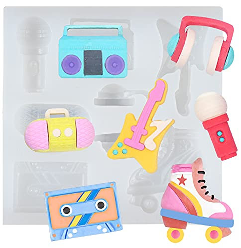 80s Disco Fever Fondant Silicone Mould Boombox Microphone Radio Bass for Rock N Roll Party Decor, Sugarcraft Cake Decorating, Cupcake Topper, Chocolate, Polymer Clay