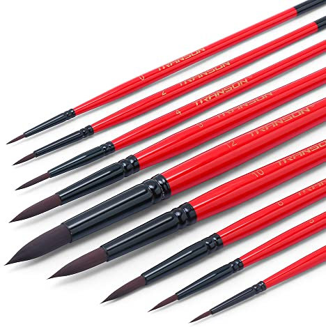 Transon Artist Round Watercolour Paint Brush Synthetic Sable Set 9pcs for Acrylic, Gouache, Oil, Tempera, Enamel and Face Painting