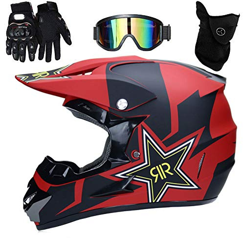 UIGJIOG Motocross Helm mit Brillen Maske Handschuhe, Herren Damen Motorrad-Helm Off-Road Downhill-Enduro-Helm-ATV-MTB-BMX Dirt Bikes Quad Motorräder Full-Face Schutz-Helm