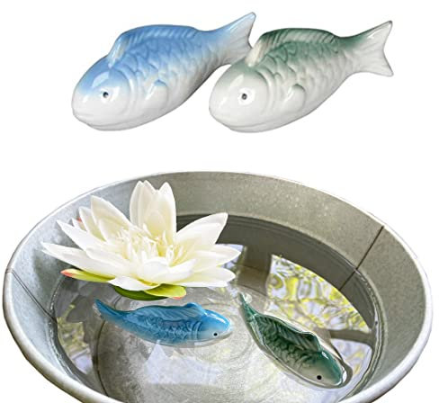itsisa Schwimmtiere Fische blau, grün (2er Set) aus Porzellan schwimmend als Teich Deko - Deko für Vogeltränke, Fisch, Gartenteich, Frosch, Gartendeko (Fische)