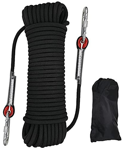 Outdoor Climbing Rope Diameter 10mm Outdoor Static Rock Climbing Rope, High Strength Cord Safety Rope Braid Nylon Rope, Escape Rope Fire Rescue Parachute Rope with 2 Carabiner (Black Length 30m)