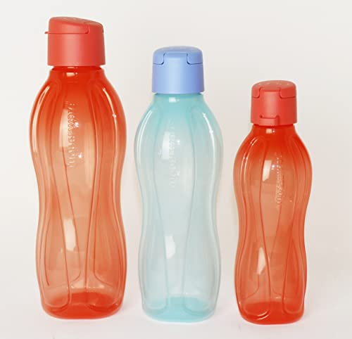 TUPPERWARE EcoEasy Trinkflasche 1L Lachs-Orange + 750ml Hellblau + 500ml Lachs-Orange + Kugelschreiber metallic